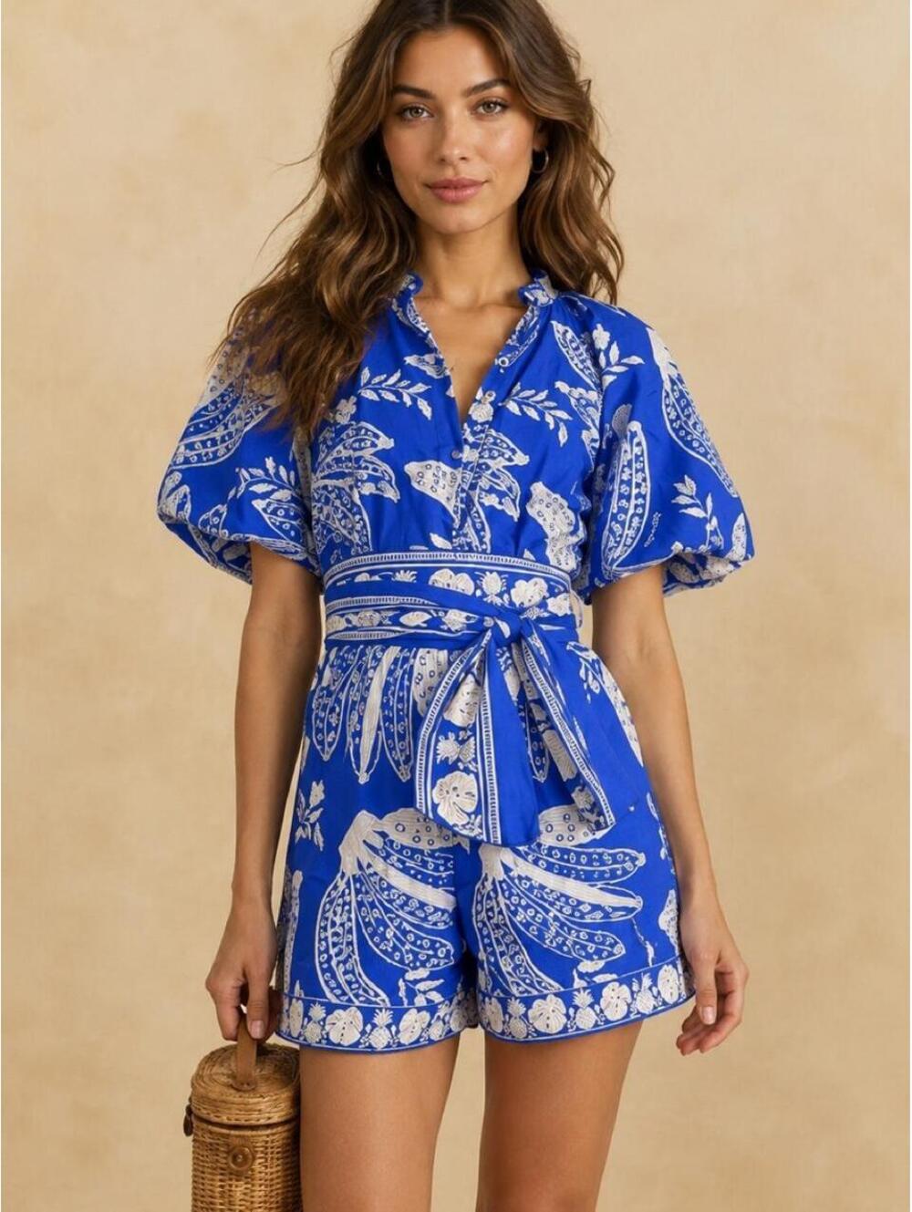 FARM Rio Blue and White Printed Short Jumpsuit